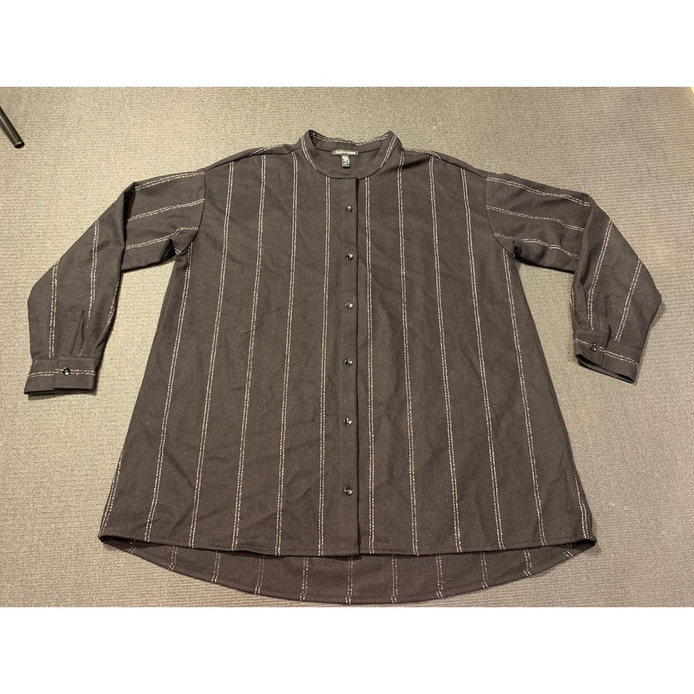 Eileen Fisher Wool Striped Button Front‎ Shirt in Black Size Medium